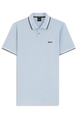 Stretch-cotton slim-fit polo shirt with branding and stripes, Light Blue