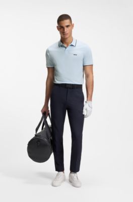 Stretch-cotton slim-fit polo shirt with branding and stripes, Light Blue