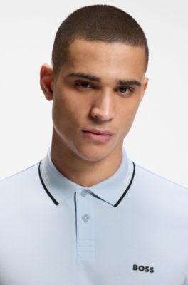 Slim-fit polo shirt with contrast-stripe details, Light Blue