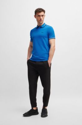 Stretch-cotton slim-fit polo shirt with branding and stripes, Light Blue