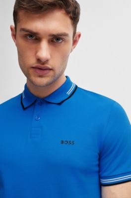 Stretch-cotton slim-fit polo shirt with branding and stripes, Light Blue