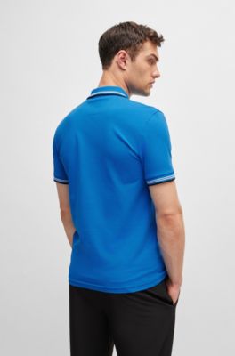 Stretch-cotton slim-fit polo shirt with branding and stripes, Light Blue