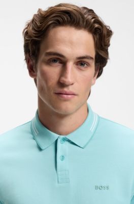 Polo slim fit con detalles de rayas en contraste, Celeste