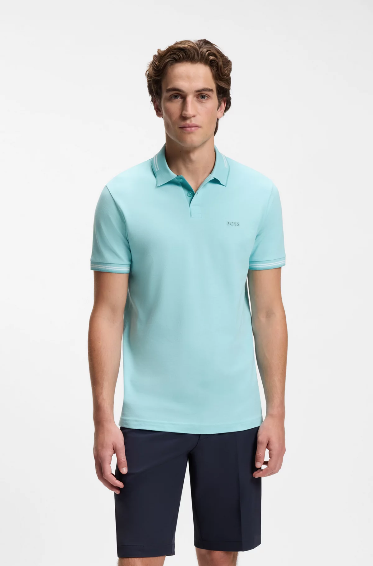 Polo slim fit de algodón elástico con detalles de la marca, Celeste