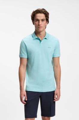 Polo slim fit con detalles de rayas en contraste, Celeste