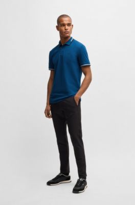 Stretch-cotton slim-fit polo shirt with branding and stripes, Light Blue