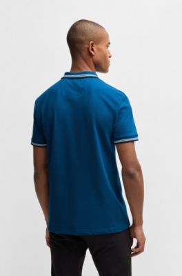 Stretch-cotton slim-fit polo shirt with branding and stripes, Light Blue