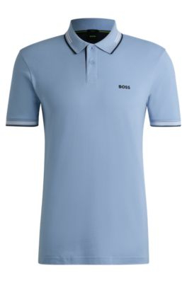 Stretch-cotton slim-fit polo shirt with branding and stripes, Light Blue
