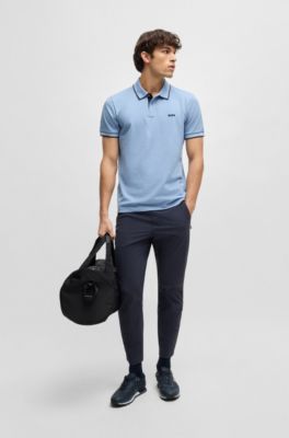 Stretch-cotton slim-fit polo shirt with branding and stripes, Light Blue