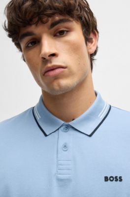 Stretch-cotton slim-fit polo shirt with branding and stripes, Light Blue