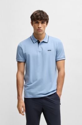 Stretch-cotton slim-fit polo shirt with branding and stripes, Light Blue
