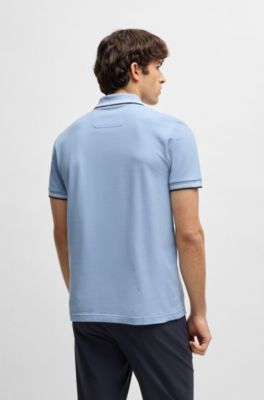 Stretch-cotton slim-fit polo shirt with branding and stripes, Light Blue