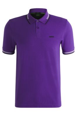 Stretch-cotton slim-fit polo shirt with branding and stripes, Dark Purple