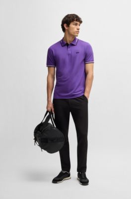Stretch-cotton slim-fit polo shirt with branding and stripes, Dark Purple