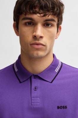 Stretch-cotton slim-fit polo shirt with branding and stripes, Dark Purple