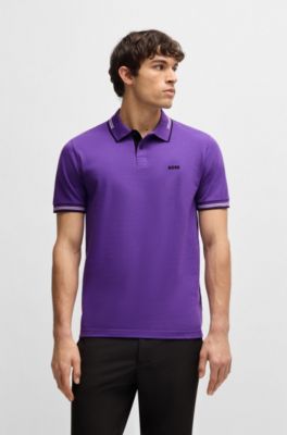 Stretch-cotton slim-fit polo shirt with branding and stripes, Dark Purple