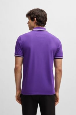 Stretch-cotton slim-fit polo shirt with branding and stripes, Dark Purple