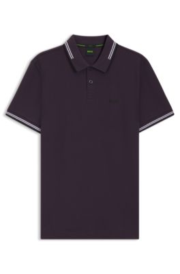 Stretch-cotton slim-fit polo shirt with branding and stripes, Purple