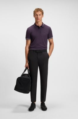 Stretch-cotton slim-fit polo shirt with branding and stripes, Purple