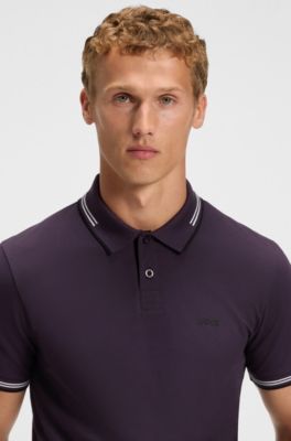 Stretch-cotton slim-fit polo shirt with branding and stripes, Purple