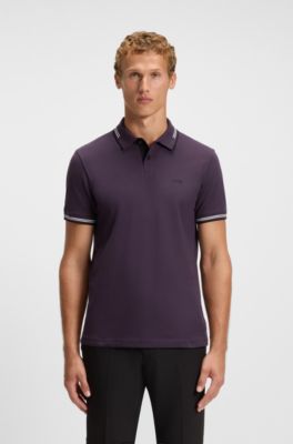 Stretch-cotton slim-fit polo shirt with branding and stripes, Purple