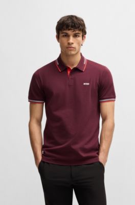 Stretch-cotton slim-fit polo shirt with branding and stripes, Red