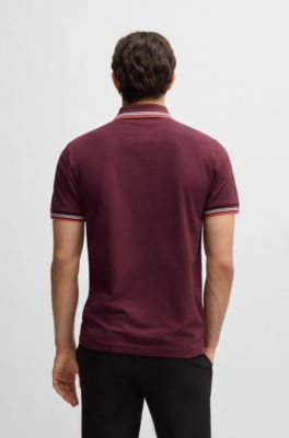 Stretch-cotton slim-fit polo shirt with branding and stripes, Red