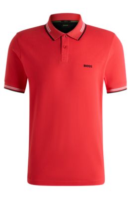 Stretch-cotton slim-fit polo shirt with branding and stripes, Light Red