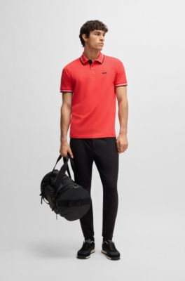 Stretch-cotton slim-fit polo shirt with branding and stripes, Light Red