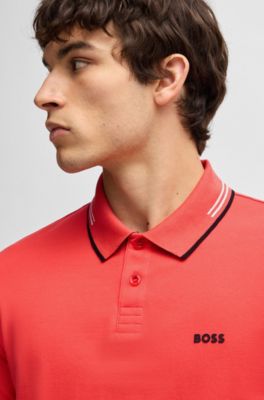 Stretch-cotton slim-fit polo shirt with branding and stripes, Light Red