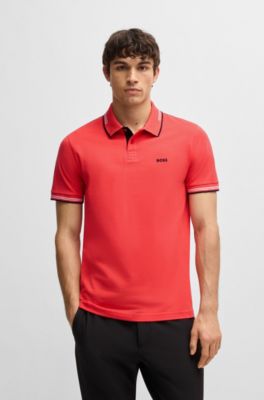Stretch-cotton slim-fit polo shirt with branding and stripes, Light Red