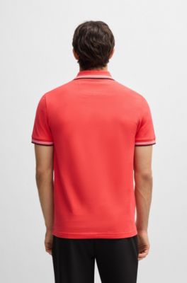 Stretch-cotton slim-fit polo shirt with branding and stripes, Light Red