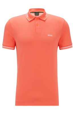 Stretch-cotton slim-fit polo shirt with branding and stripes, Light Red