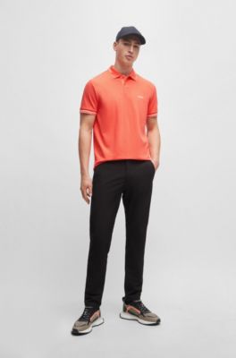 Stretch-cotton slim-fit polo shirt with branding and stripes, Light Red