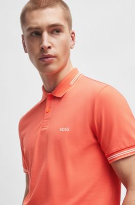 Stretch-cotton slim-fit polo shirt with branding and stripes, Light Red