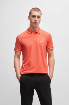 Stretch-cotton slim-fit polo shirt with branding and stripes, Light Red