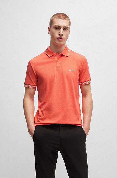 Stretch-cotton slim-fit polo shirt with branding, Light Red