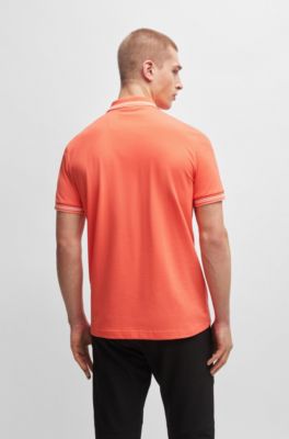 Stretch-cotton slim-fit polo shirt with branding and stripes, Light Red