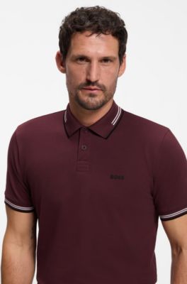 Polo Slim avec d&eacute;tails &agrave; rayures contrastantes, Rose fonc&eacute;