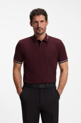 Polo slim fit con detalles de rayas en contraste, Rosa oscuro