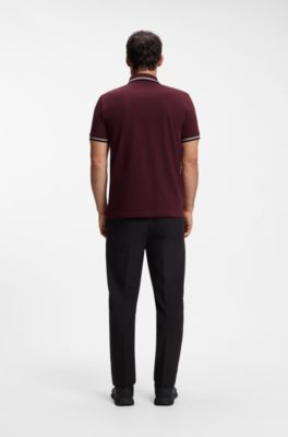 Polo slim fit con detalles de rayas en contraste, Rosa oscuro