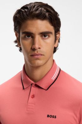 Slim-fit polo shirt with contrast-stripe details, Pink
