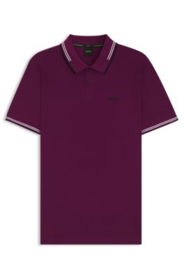 Stretch-cotton slim-fit polo shirt with branding and stripes, Pink