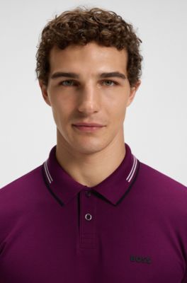 Stretch-cotton slim-fit polo shirt with branding and stripes, Pink
