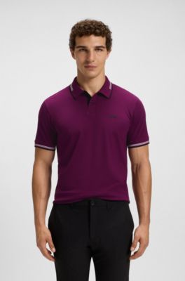 Stretch-cotton slim-fit polo shirt with branding and stripes, Pink