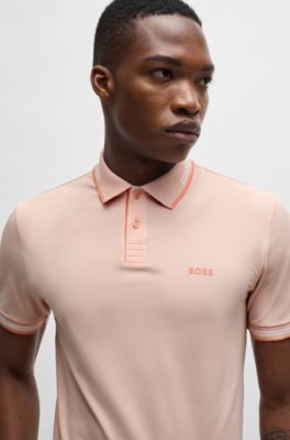Stretch-cotton slim-fit polo shirt with branding and stripes, Light Orange