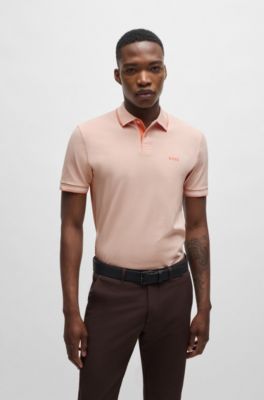Stretch-cotton slim-fit polo shirt with branding and stripes, Light Orange