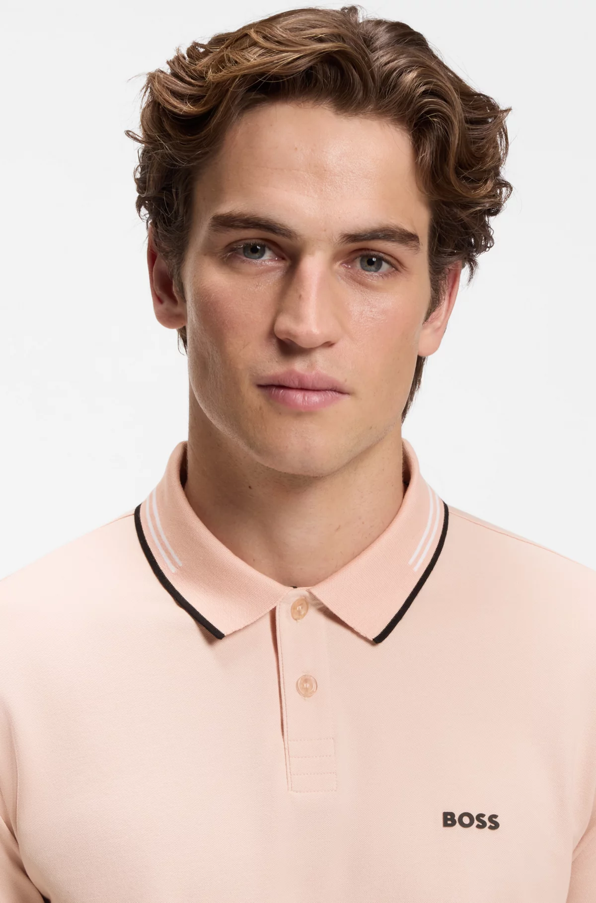 Stretch-cotton slim-fit polo shirt with branding and stripes, Light Orange
