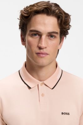 Polo slim fit con detalles de rayas en contraste, Naranja claro