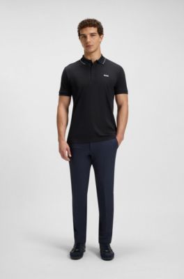 Cotton piqu&eacute; slim-fit polo shirt with a collar stripe, Dark Blue
